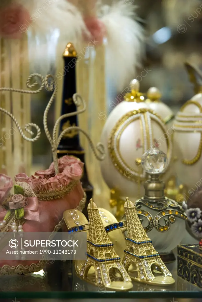 Eiffel tower souvenirs on display at a store in Paris