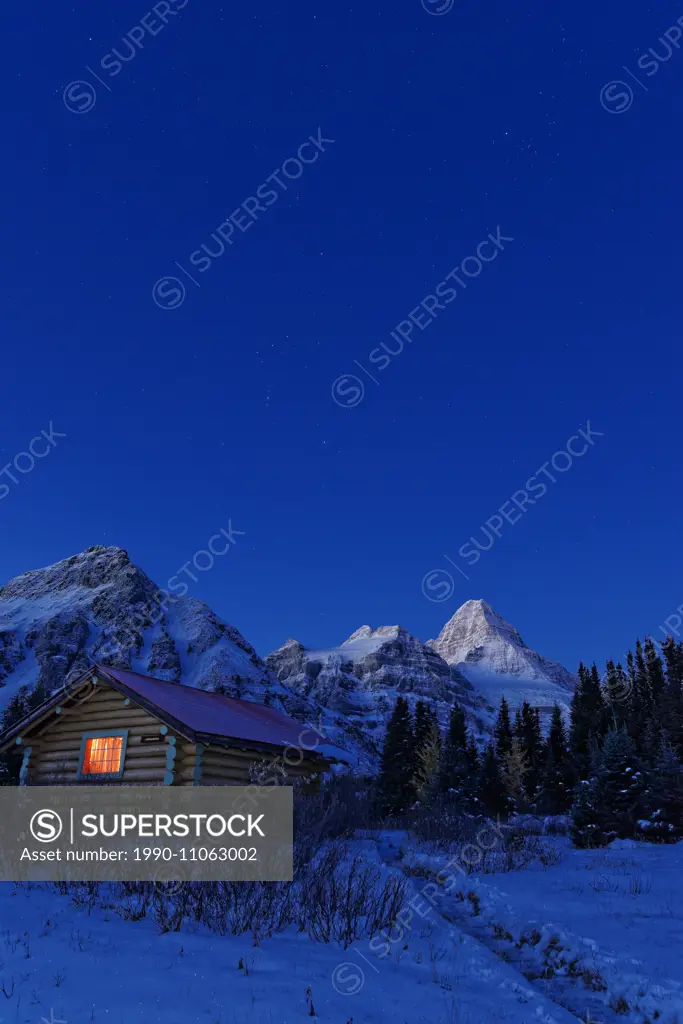 Alpenglow and Mt. Assiniboine Lodge cabin, Mount Assiniboine Provincial Park, British Columbia, Canada