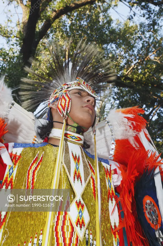 Blackfoot Blood First Nations  male dancer in traditional mens fancy dance outfit, Fort McLeod, Lethbridge, Alberta, Canada.