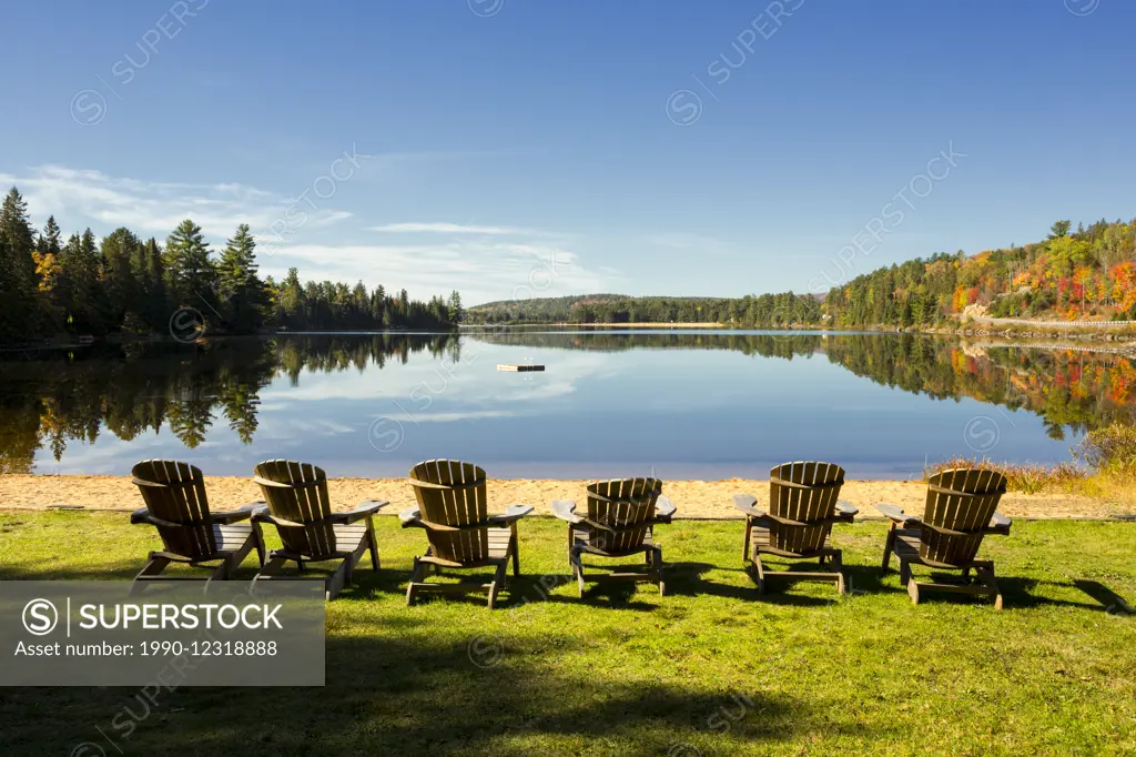 Muskoka chairs, Lake of Two Rivers, Killarney Lodge, Algonquin Provincial Park, Ontario, Canada