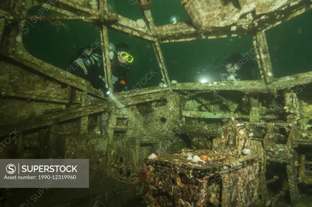 Two scuba divers inspect the cockpit of the artificial wreck of a 737 Air Canada airplane, sunk near Chemainus, BC.