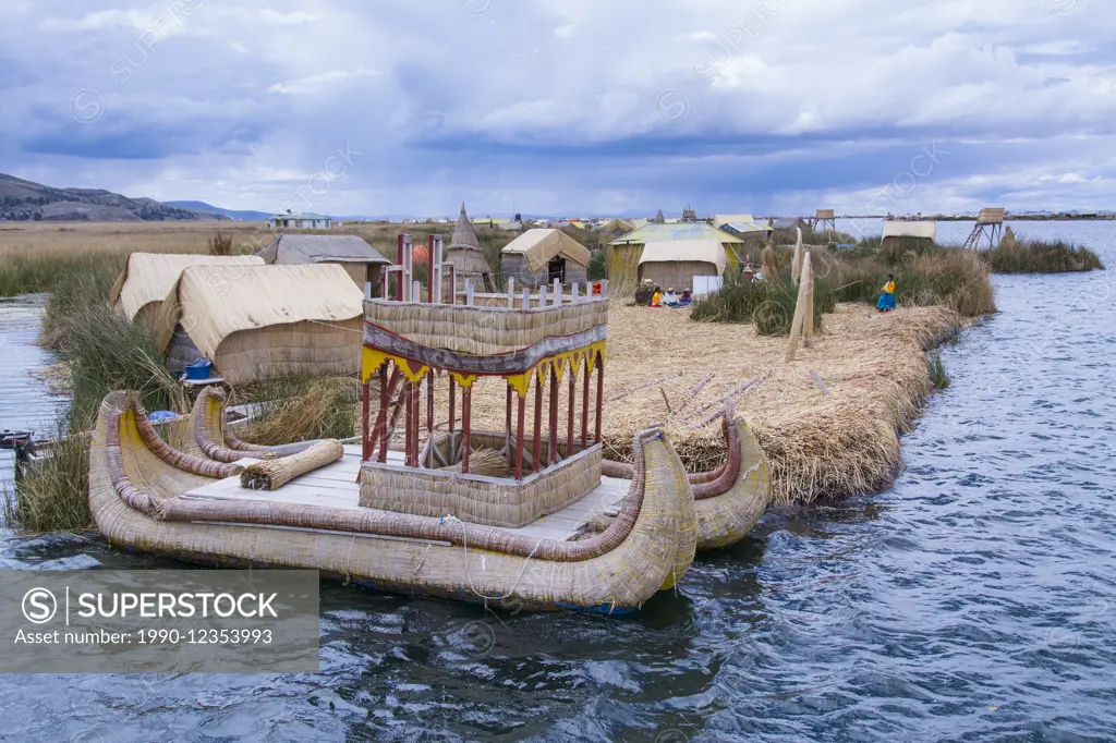 Local residents of floating reed islands of Uros, Lake Titicaca, Peru