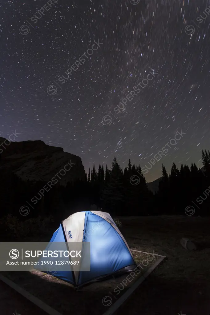 Camping under the stars at Baker Lake in the Skoki wilderness area of Banff National Park,Alberta, Canada.