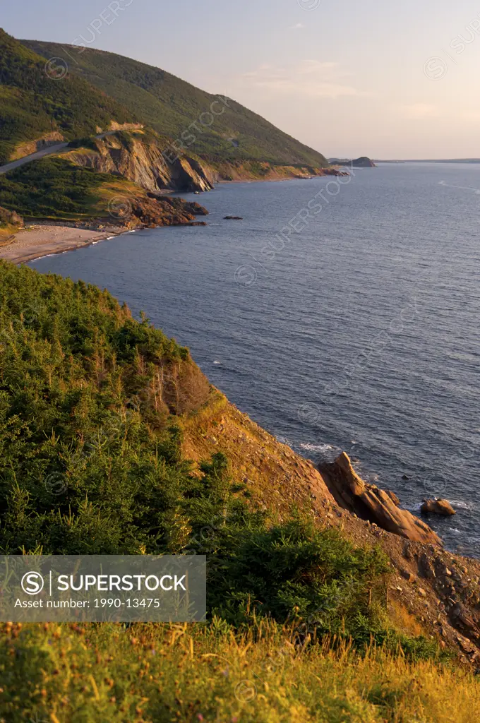 View of the Cabot Trail from the Veterans Monument towards Cheticamp Island, Cape Breton Highlands National Park, Gulf of St Lawrence, Cape Breton, No...