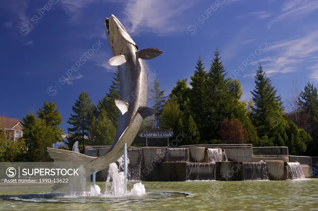 Monument of an Atlantic Salmon 8.5 metres high named Restigouche Sam, along the waterfront of the Restigouche River in the town of Campbellton, Appala...