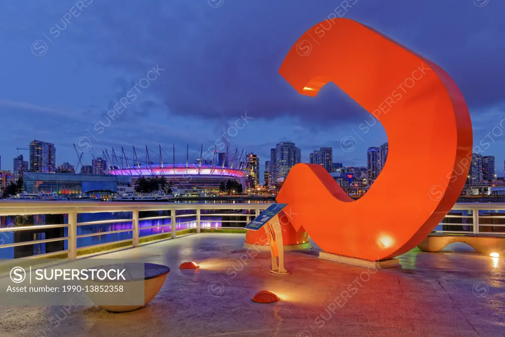 Question mark sculpture art installation outside Science World , False Creek, Vancouver, British Columbia, Canada