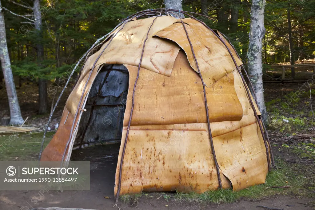 Handmade traditional birchbark wigwam built in 2011 by Penobscot artist Barry Dana and restored in 2015 by Passamaquody artist David Moses Bridges. Th...