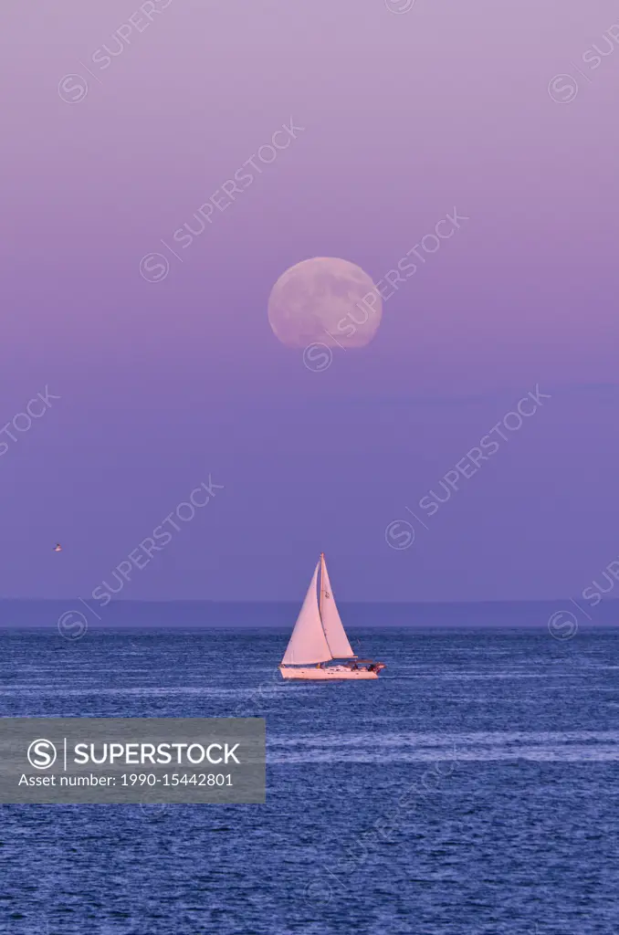 Sunset, supermoon, sailboat, sailing, full moon, East Point, Prince Edward Island, Canada