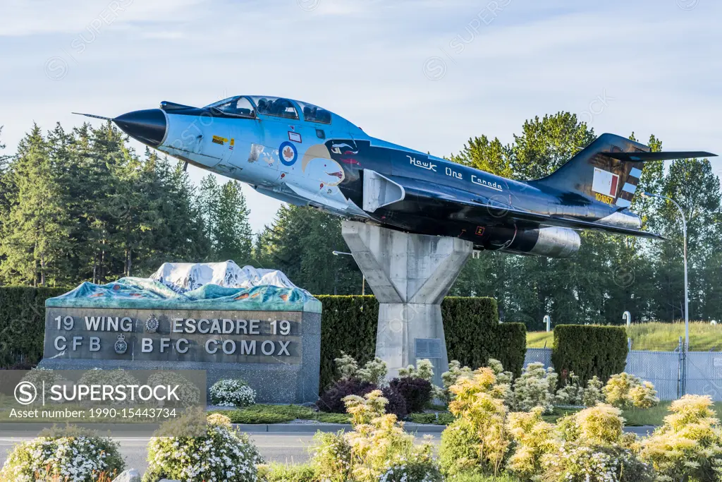 Jet Plane on pedestal, 19 Wing, CFB Comox Air Force Base, Comox, Vancouver Island, British Columbia, Canada