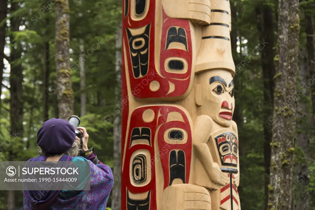 New pole details, by Christian White and apprentices at Hiellen Longhouse Village, Tow Hill, Haida Gwaii, formerly known as Queen Charlotte Islands, B...