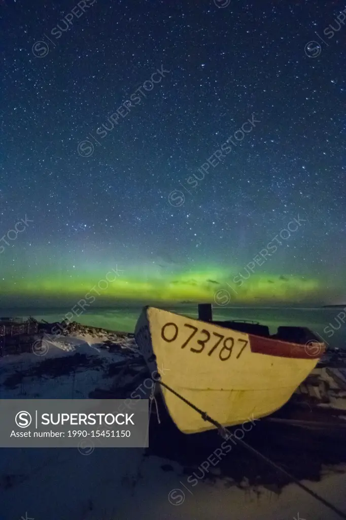 Night sky Aurora Borealis, Historic Fishing Site, Sally's Cove, Gros Morne National Park, Newfoundland and Labrador