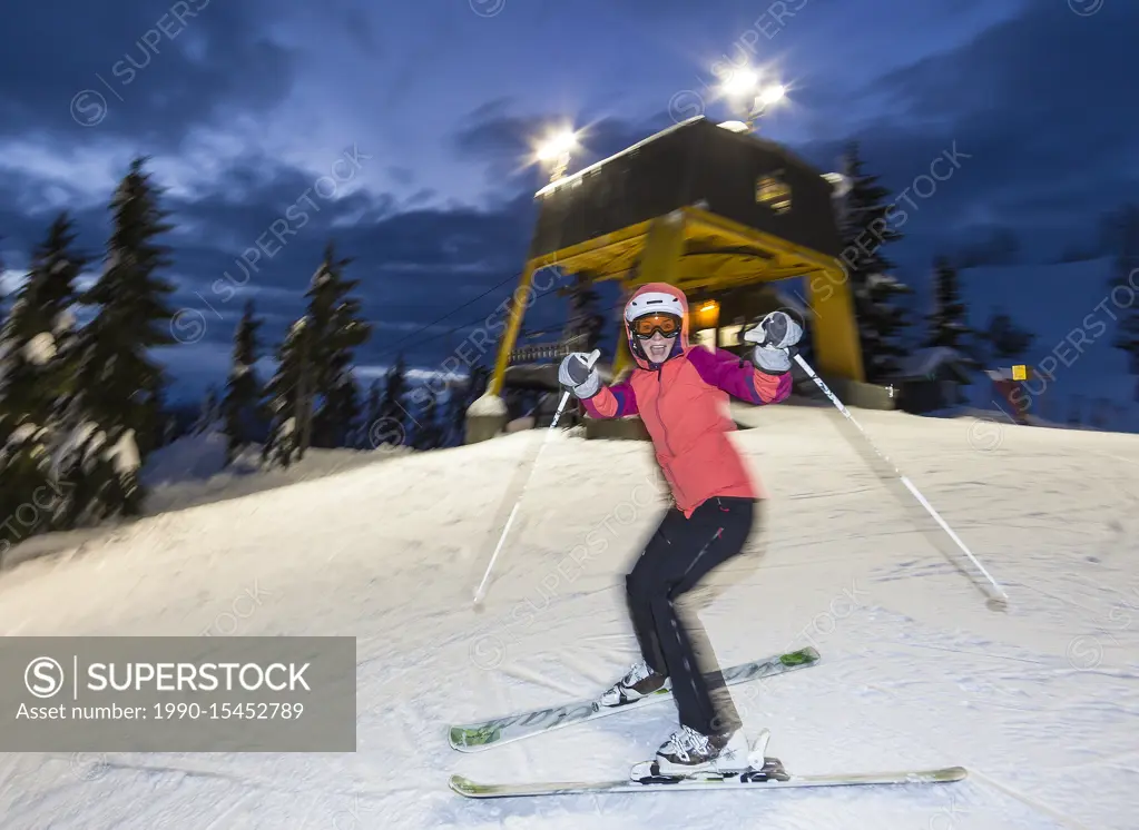 Skiers and snowboarders enjoy the experience and extended hours that night skiing provides at Mt. washington ski resort. Mt. Washington, The Comox Val...