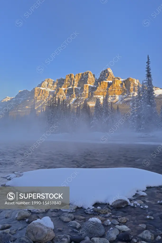 Castle Mountain and the Bow River at sunrise. Castle Junction, Banff National Park, Alberta, Canada