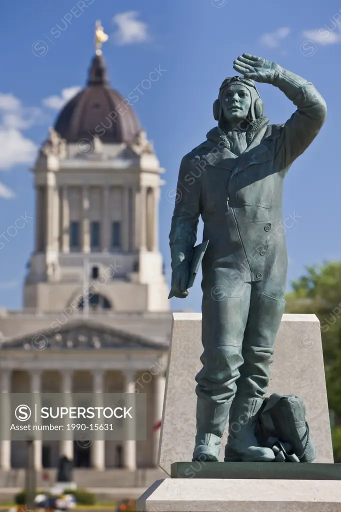 Statue of an Airman a monument for the Airmen that lost their lives during World War II and the Legislative Building, Winnipeg, Manitoba, Canada