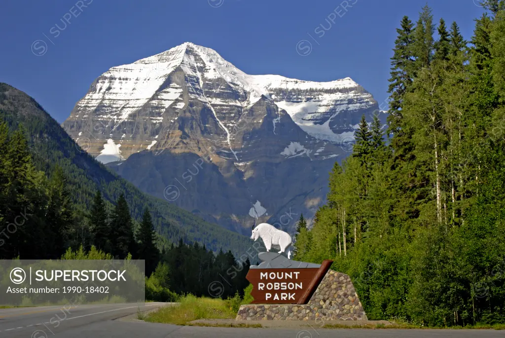 The highway information sign entering Mount Robson Provincial Park, with snow_capped Mount Robson