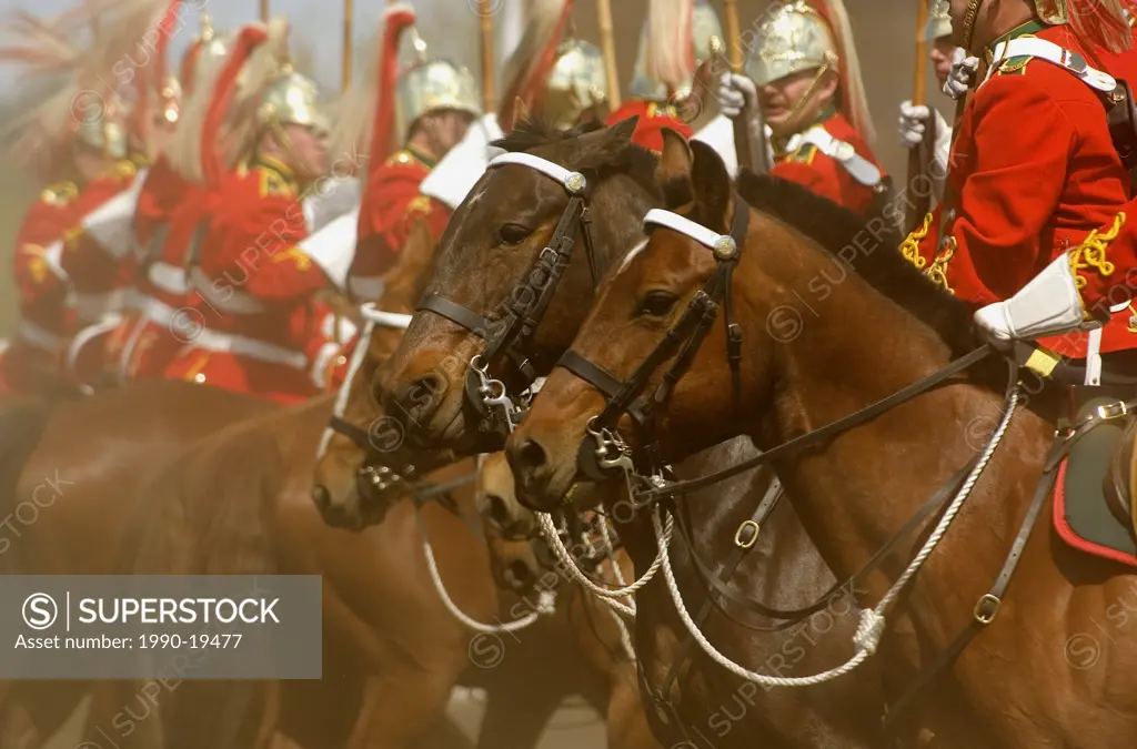 Canada´s Lord Strachona´s Horse Troop preforming a percision horse drill at an outdoor show in Alberta Canada.