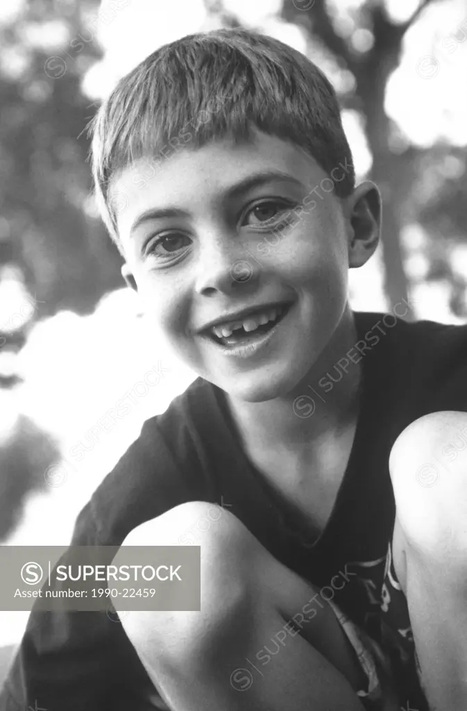 Portrait B &W of 9 year old boy, British Columbia, Canada