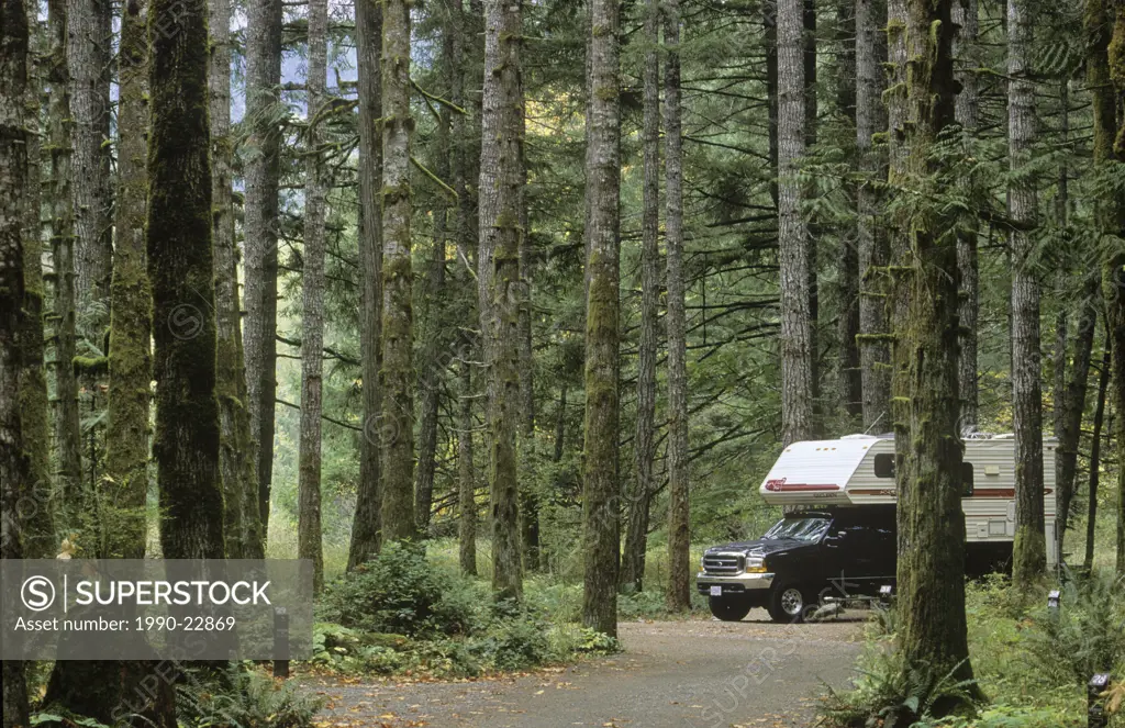 Cowichan River, Stoltz Pools truck and camper, Vancouver Island, British Columbia, Canada