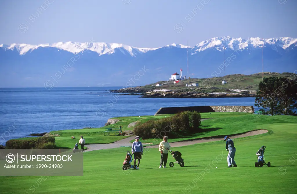 Victoria Golf Course with the Olympic Peninsula mountains and Trial Island, Victoria, Vancouver Island, British Columbia, Canada