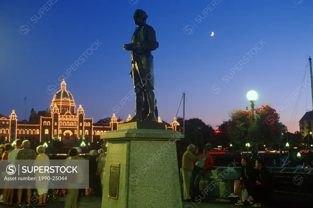 Parliament Buildings at night with Captain Cook Statue, Victoria, Vancouver Island, British Columbia, Canada