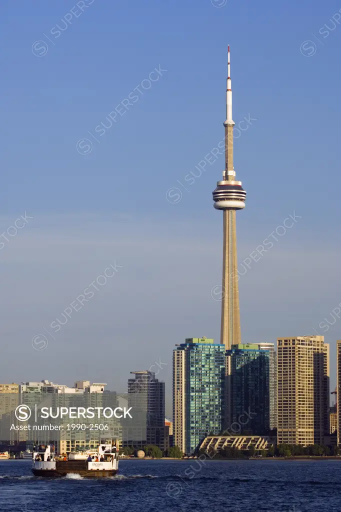 Skyline view and Ferry from across Lake Ontario from Toronto Islands of Toronto, Ontario, Canada