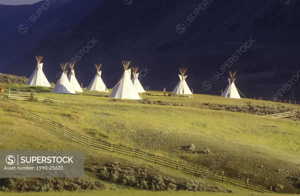 First Nations Tipi village above the Fraser River, British Columbia, Canada