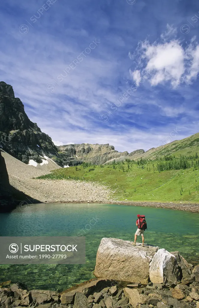 Hiker along the BC-Alberta border, border of Kootenay and Banff National Parks, British Columbia, Canada