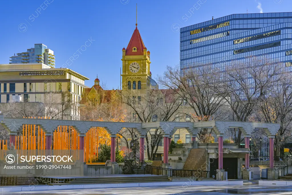 Heritage old City Hall Tower rises behind Olympic Plaza, Calgary, Alberta, Canada