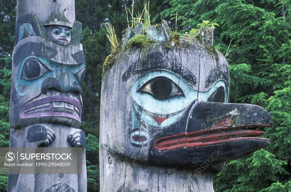 USA, Alaska, Totem Pole details from Totem Bight State Historical Park in Ketchikan