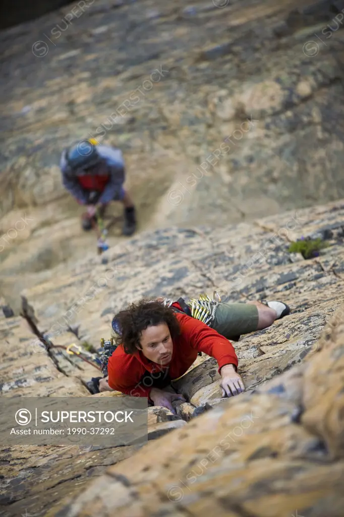 Men rock climbing, Skaha Bluffs, Skaha, Penticton Area, British Columbia, Canada