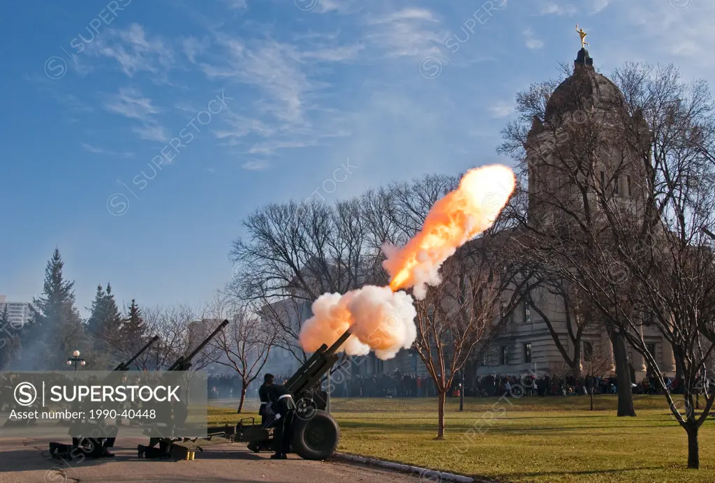 Remembrance Day celebrations and gun salute at the Manitoba Legislative grounds, Winnipeg, Manitoba, Canada.