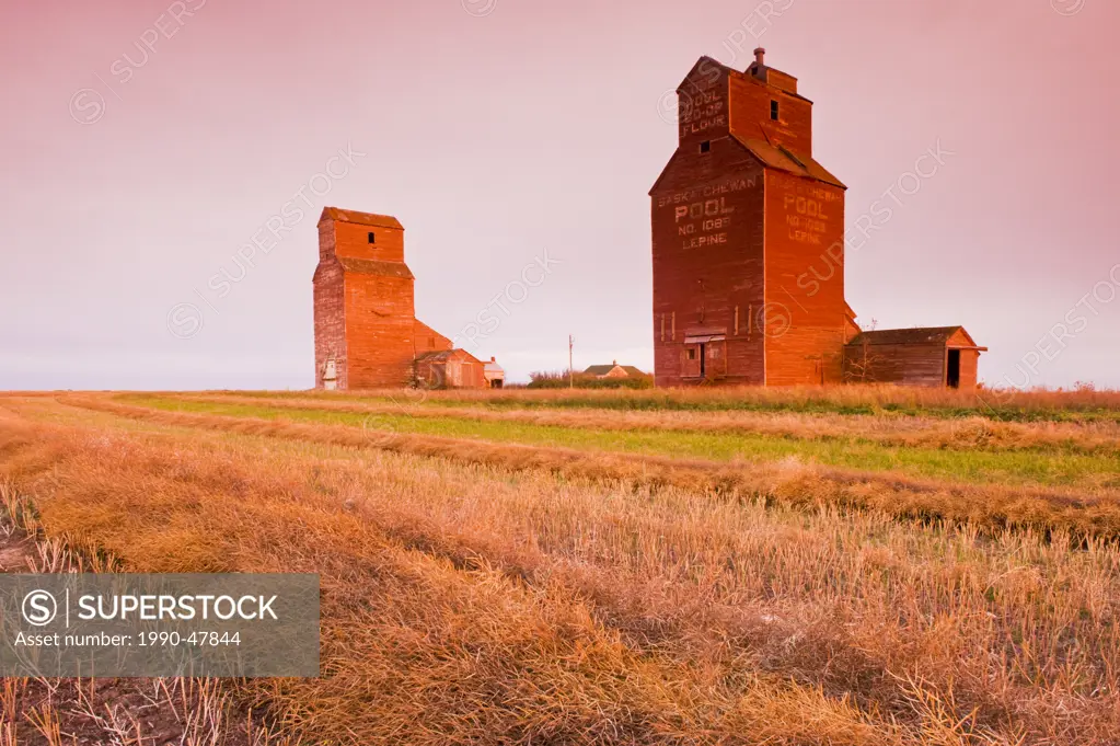 Grain elevators, abandoned town of Lepine, Saskatchewan, Canada