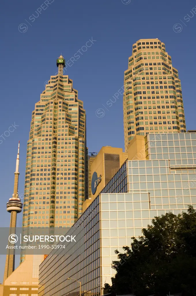 Downtown with CN Tower behind high rise BCE office towers, Toronto, Ontario, Canada.