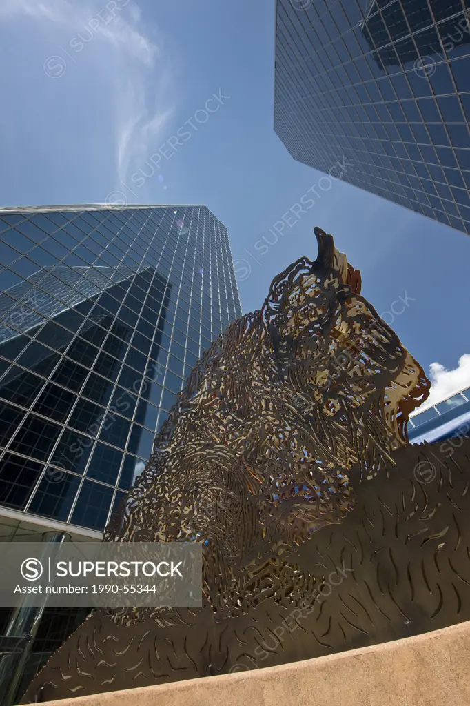 High_rise towers and bison sculpture in the Frederick W. Hill Mall in Regina, Saskatchewan, Canada