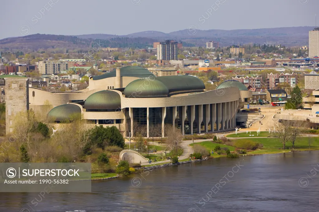 Canadian Museum of Civilization on the banks of the Ottawa River in Gatineau, Quebec, seen from Parliament Hill in the city of Ottawa, Ontario, Canada