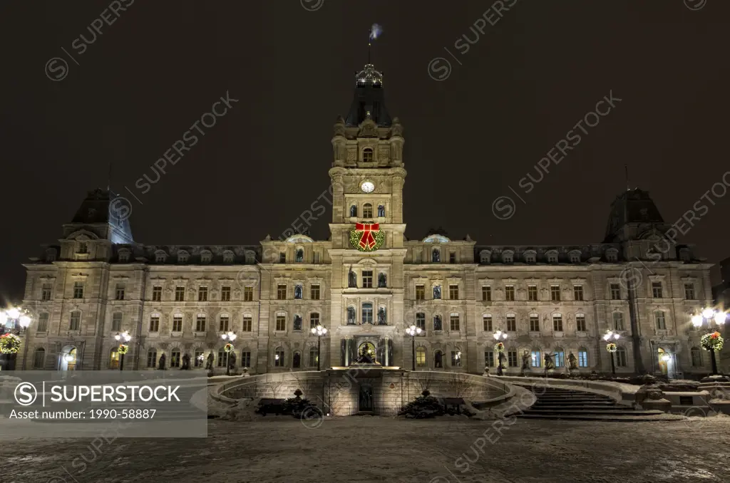 Quebec Parliament at night in the winter, Quebec, Canada