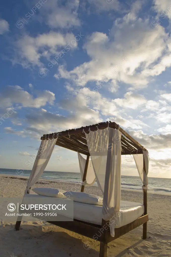 Sun bed on beach, Tulum Beach, Quintana Roo, Mexico