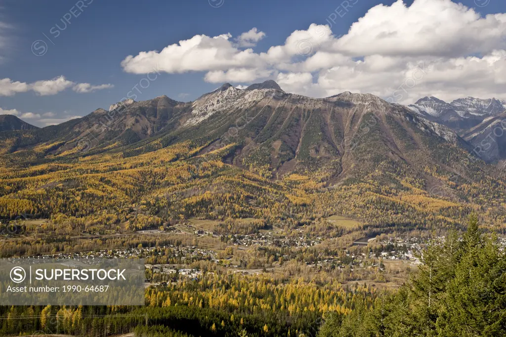 View of city of Fernie and Mount Fernie in autumn from Castle Mountain Trail, BC, Canada.