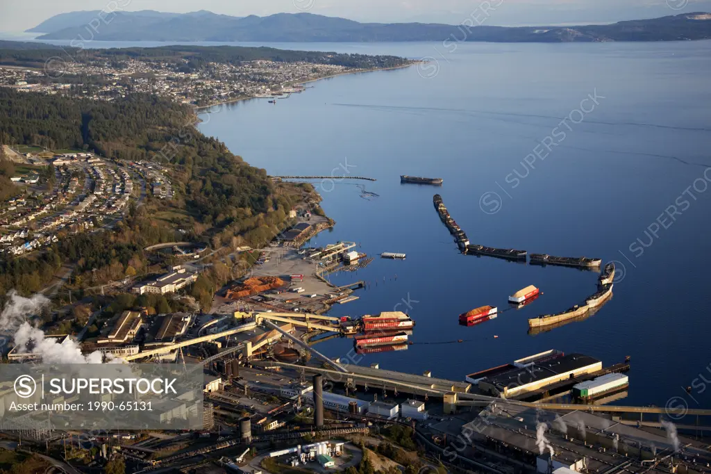 Aerial, Pulp Mill, Chip Barges, Hulks Breakwater Ships, Westview and Powell River, British Columbia, Canada