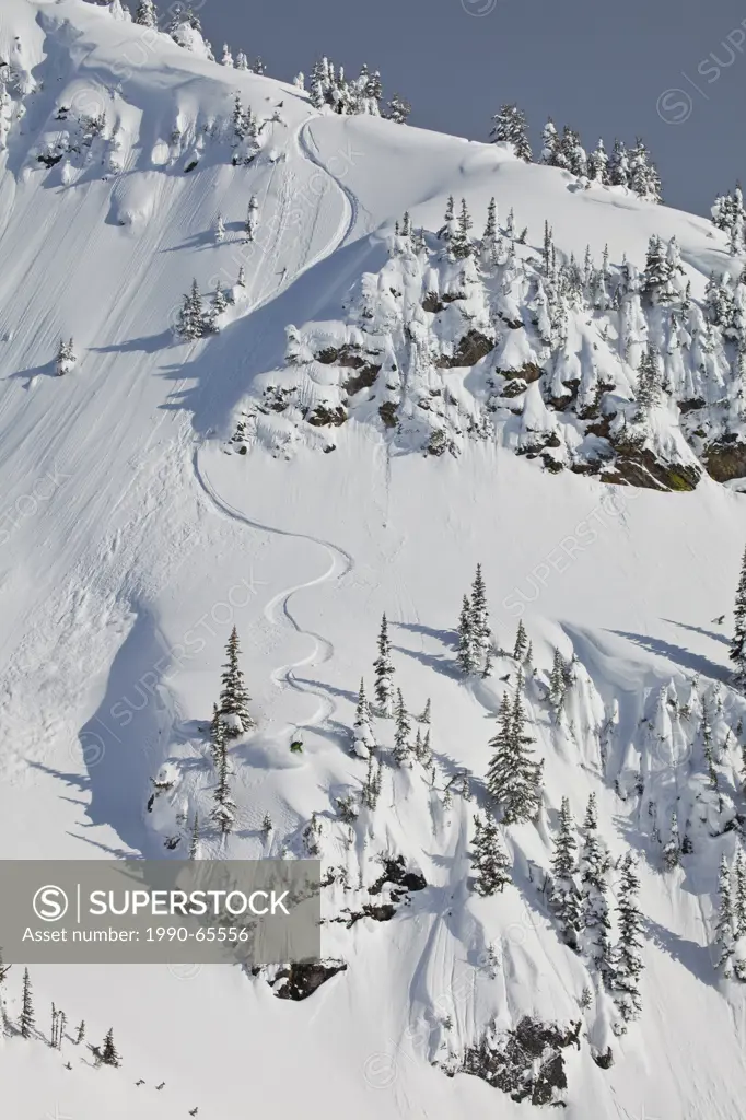 A male backcountry snowboarder sprays some powder in the Revelstoke Mountain Backcountry, BC