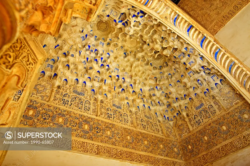 Ceiling of a small alcove next to the south portico in the Court of the Myrtles, Patio de la Alberca, The Royal House, Casa Real, The Alhambra, La Alh...