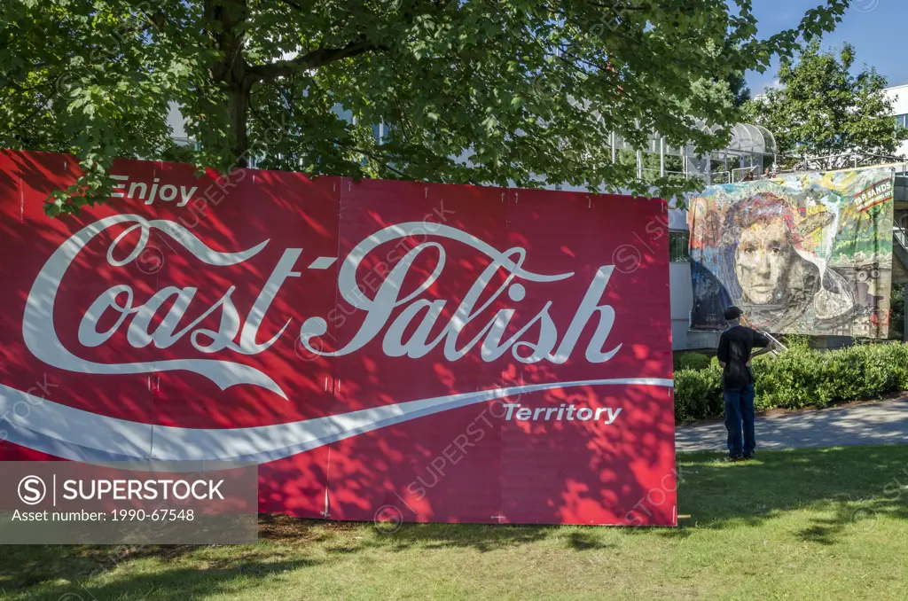 Coca Cola style, ´Coast Salish Territory´ sign, Salish Sea Festiva, Waterfront Park, N. Vancouver, BC, Canada