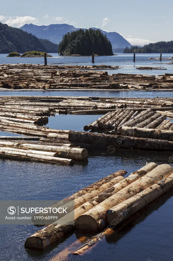 Log booms float offshore at the Kendrick Arm log dump on the west coast of British Columbia, Canada.