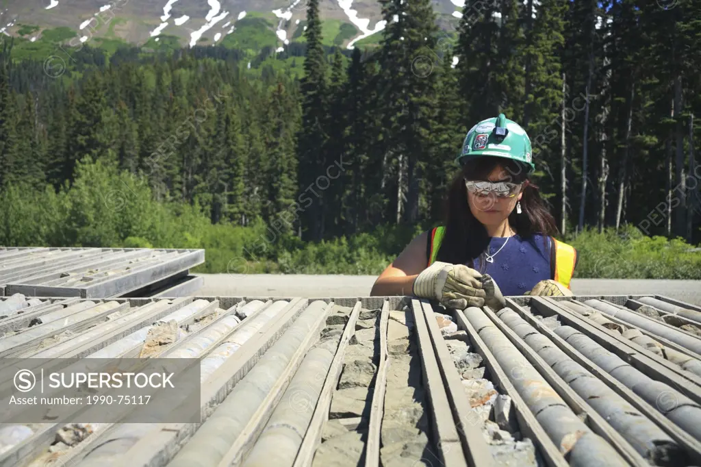 Mine worker Freda Campbell examining old drill core, Eskay Creek mine, Iskut, British Columbia