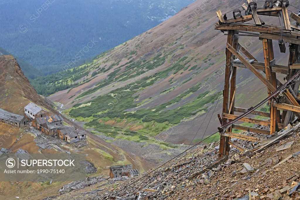 Old buildings and tramway at historic Red Rose mine site, Kitseguecla, British Columbia, Canada