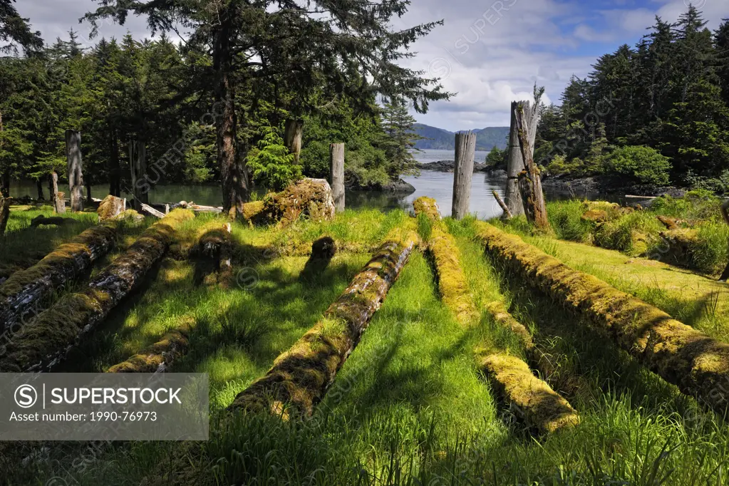 SGang Gwaay Island, UNESCO World Heritage site, Gwaii Haanas National Park- Remians of a 6-beam Chief's longhouse, Haida Gwaii (Queen Charlotte Island...