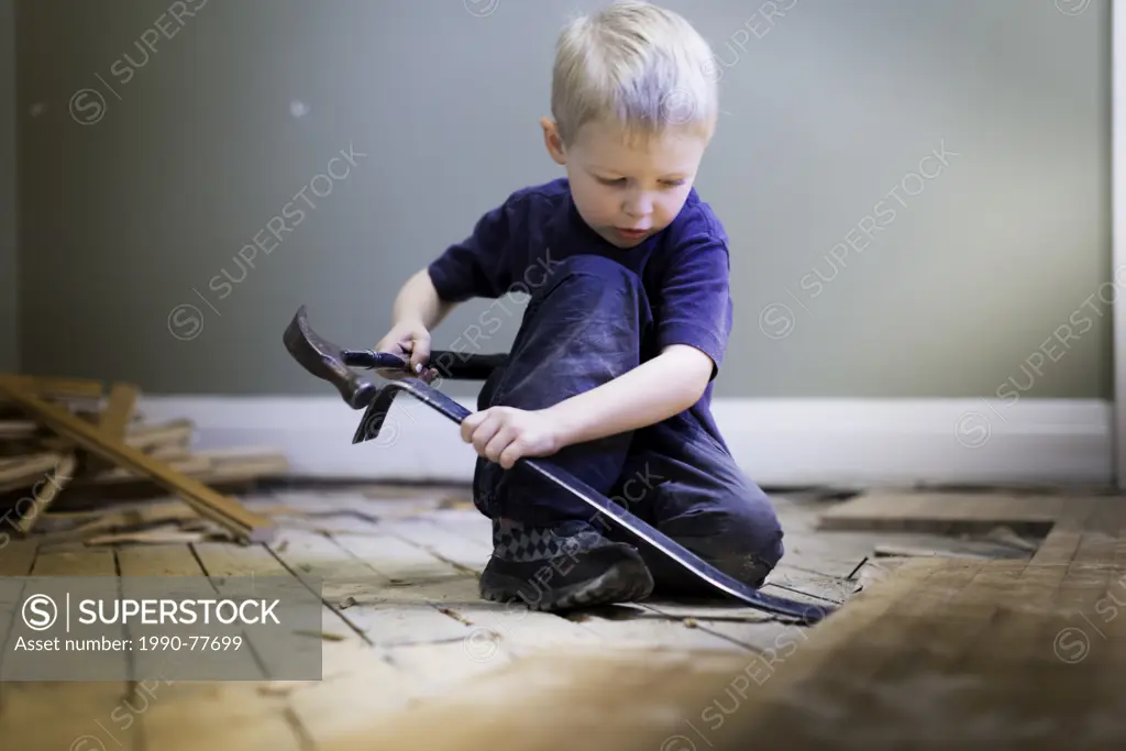 little boy playing carpenter with a hammer and hardwood floor.