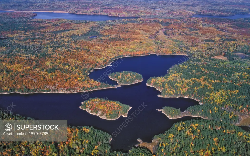 Aerial view of Canadian Shield mixed forest in autumn color, Sudbury Basin, near Sudbury, Ontario, Canada