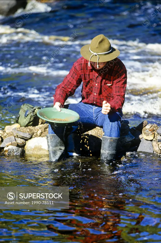 prospector panning for gold in River, Thunder Bay, Northern Ontario, Canada