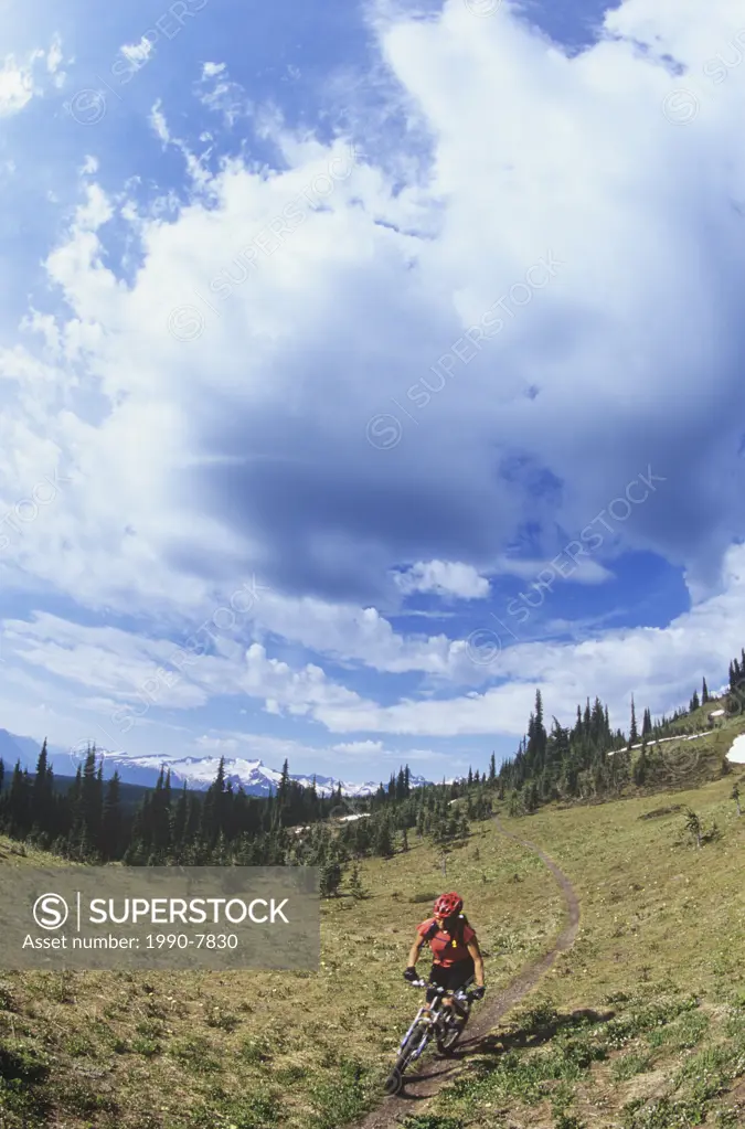 Woman mountain biking in Revelstoke, British Columbia, Canada